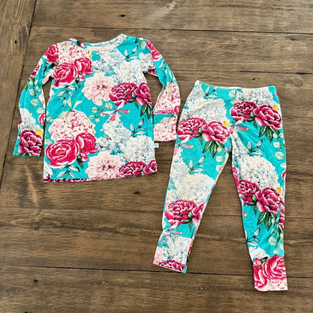 Posh Peanut Toddler Girls Floral Bamboo Pajama Set Turquoise Pink 18-24 Months